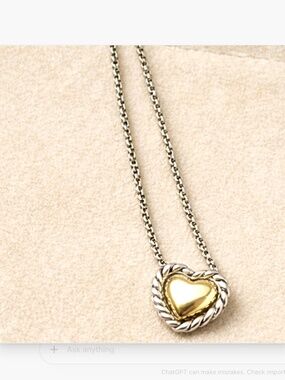 David Yurman Cable Heart Pendant Necklace 925 Silver 18K Gold Adjustable 16-17"